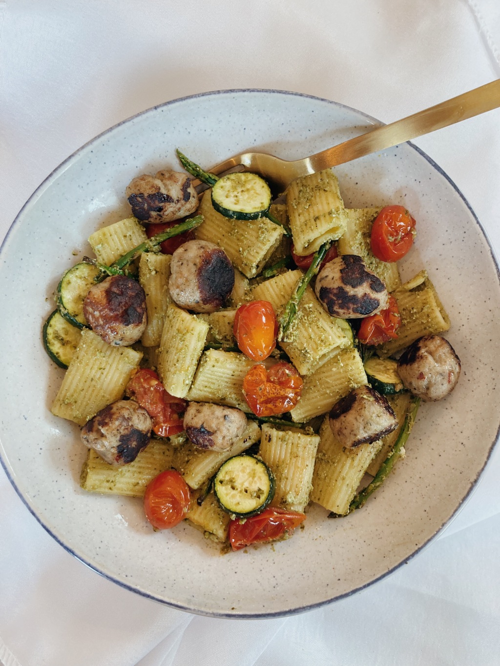 Pesto Ricotta Pasta with Roasted Vegetables and Chicken Meatballs